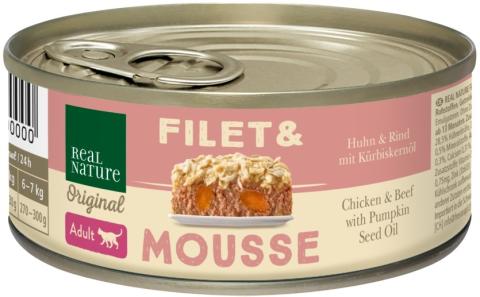 REAL NATURE Filet & Mousse Adult Poulet & bœuf à l'huile de pépins de courge 12x85 g