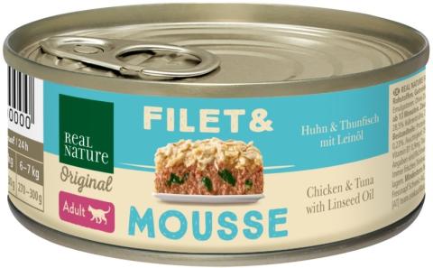 REAL NATURE Filet & Mousse Adult Poulet & thon à l'huile de lin 24x85 g