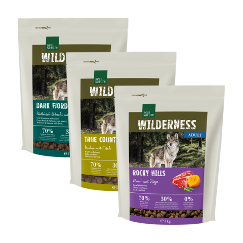 REAL NATURE Pack de dégustation WILDERNESS Adulte 3x1kg Pack 3, Poulet, renne, bœuf