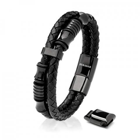 SERASAR 20cm Noir Homme Cuir Bracelet Acier Inoxydable Véritable Multi Tissé Réglable Les Hommes Chaîne Tressé Accessoire Jeune Garcon Bijou Jewelry Luxe Cadeaux Saint Valentin Argent Large Classic